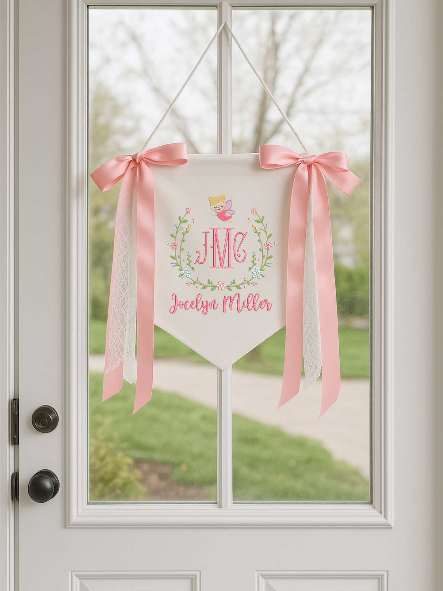 Angel Wreath Monogram โ Personalized Baby Banner, Newborn Hospital Door Sign