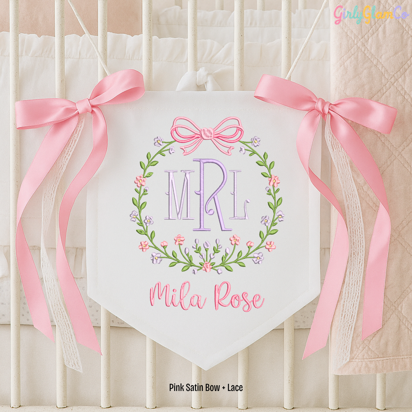 Vintage Floral Wreath Banner โ Personalized Monogram for Newborn Door or Nursery
