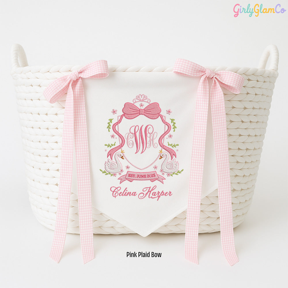 Swan Bow Crest Monogram Baby Banner โ Personalized Baby Banner, Newborn Hospital Door Sign