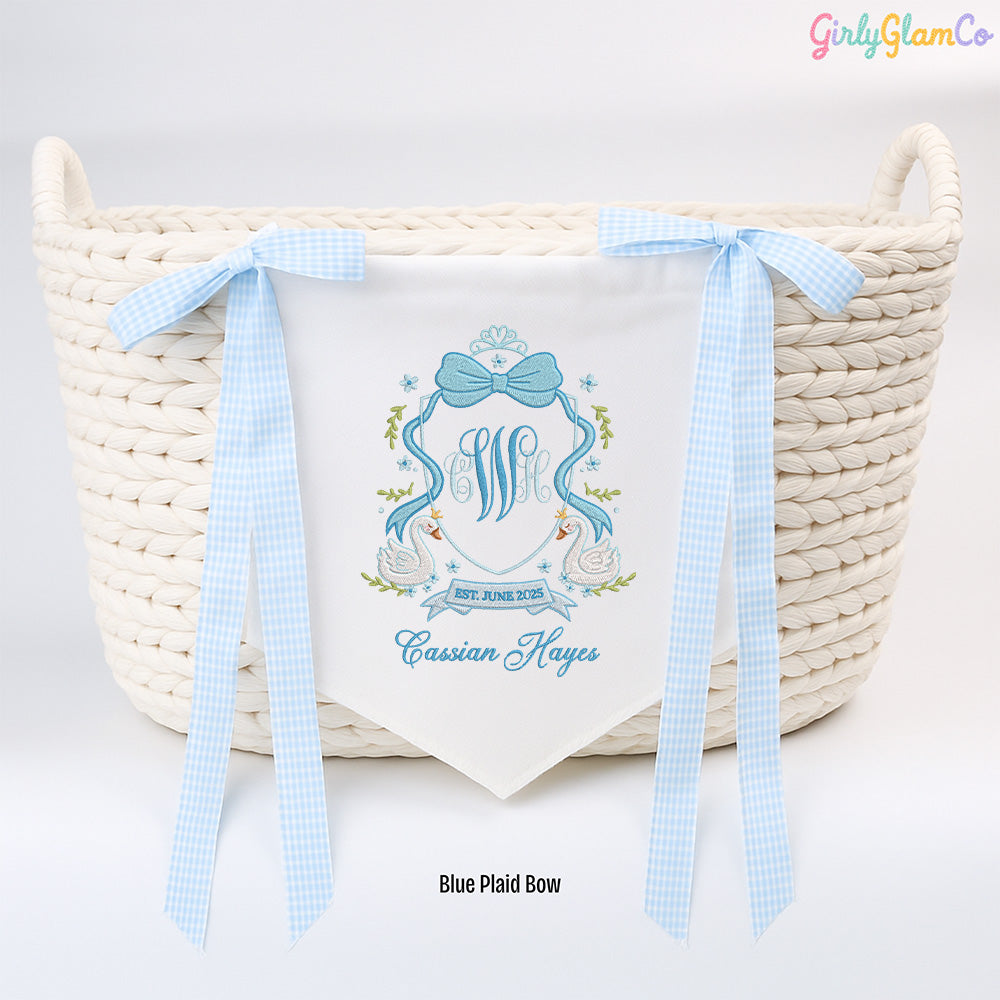 Swan Bow Crest Monogram Baby Banner โ Personalized Baby Banner, Newborn Hospital Door Sign