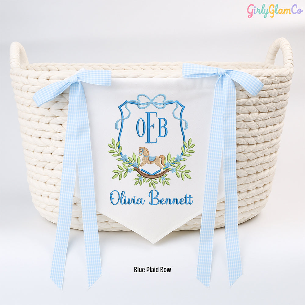 Rocking Horse Crest Monogram Baby Banner โ Personalized Baby Banner, Newborn Hospital Door Sign