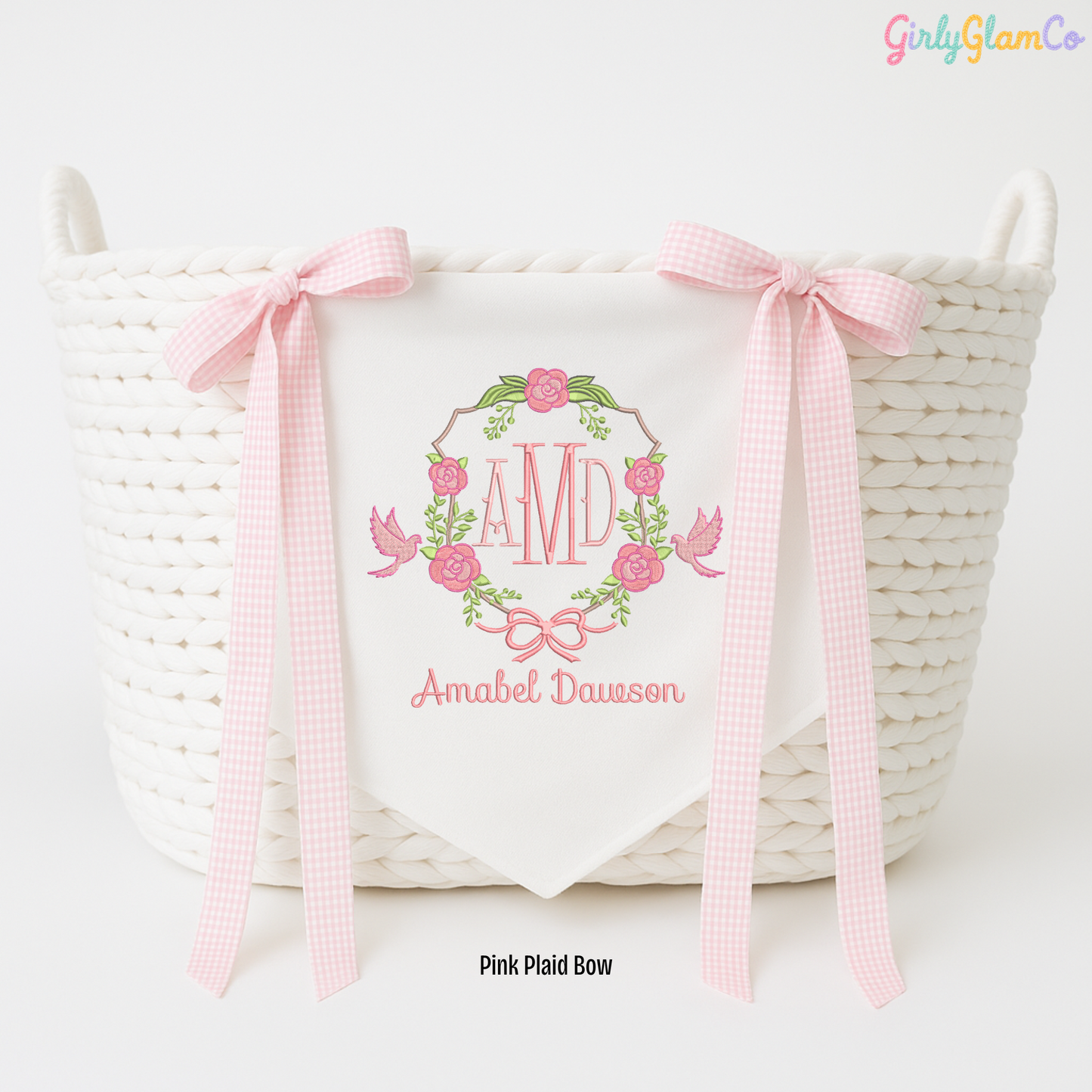Rose Wreath & Lovebirds Monogram โ Personalized Baby Banner, Newborn Hospital Door Sign