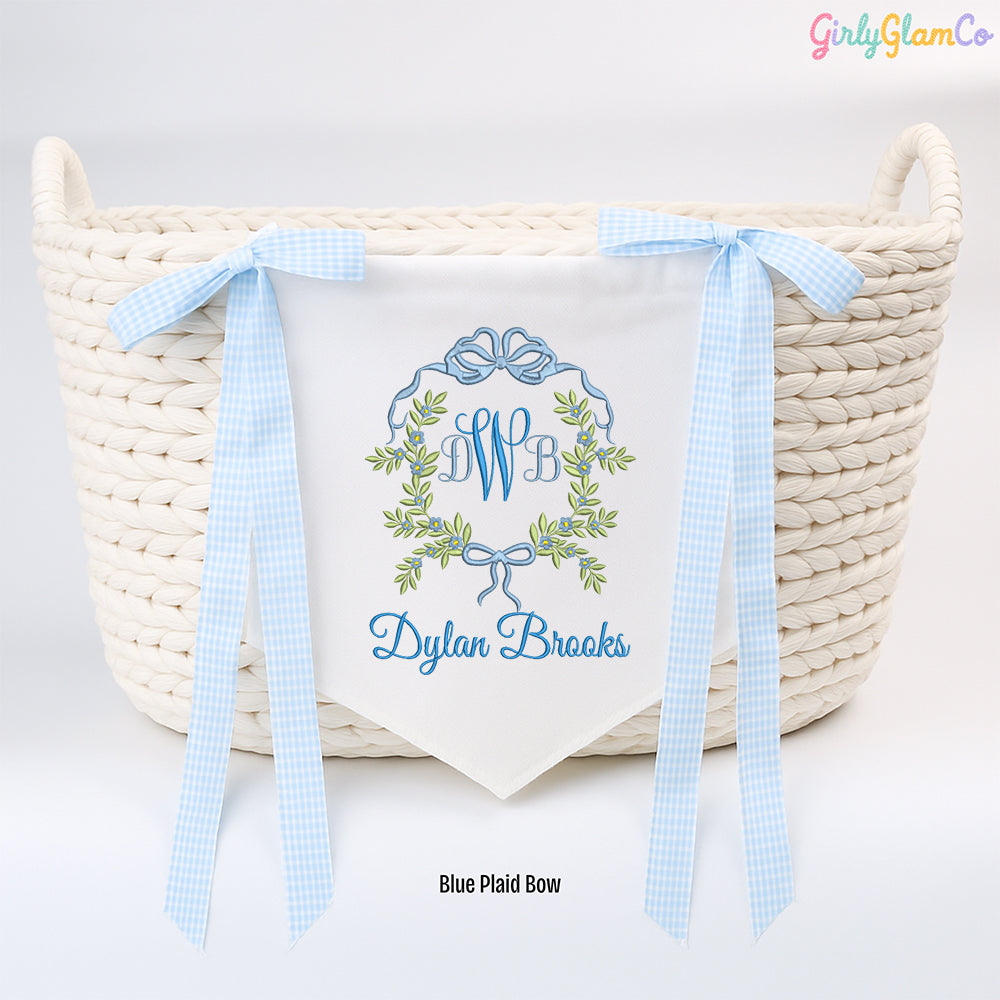 Ribbon Wreath Monogram Baby Banner โ Personalized Baby Banner, Newborn Hospital Door Sign