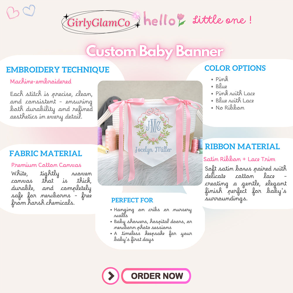 Ribbon Wreath Monogram Baby Banner โ Personalized Baby Banner, Newborn Hospital Door Sign