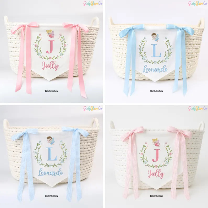 Angel Wreath Monogram 2 โ Personalized Baby Banner, Newborn Hospital Door Sign