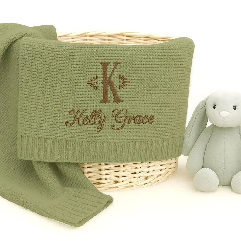 Personalized Knitted Baby Blanket with Monogram, Embroidered Name Baby Blanket, Soft Cotton Baby Blanket, Newborn Gifts