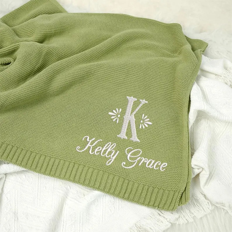 Personalized Knitted Baby Blanket with Monogram, Embroidered Name Baby Blanket, Soft Cotton Baby Blanket, Newborn Gifts