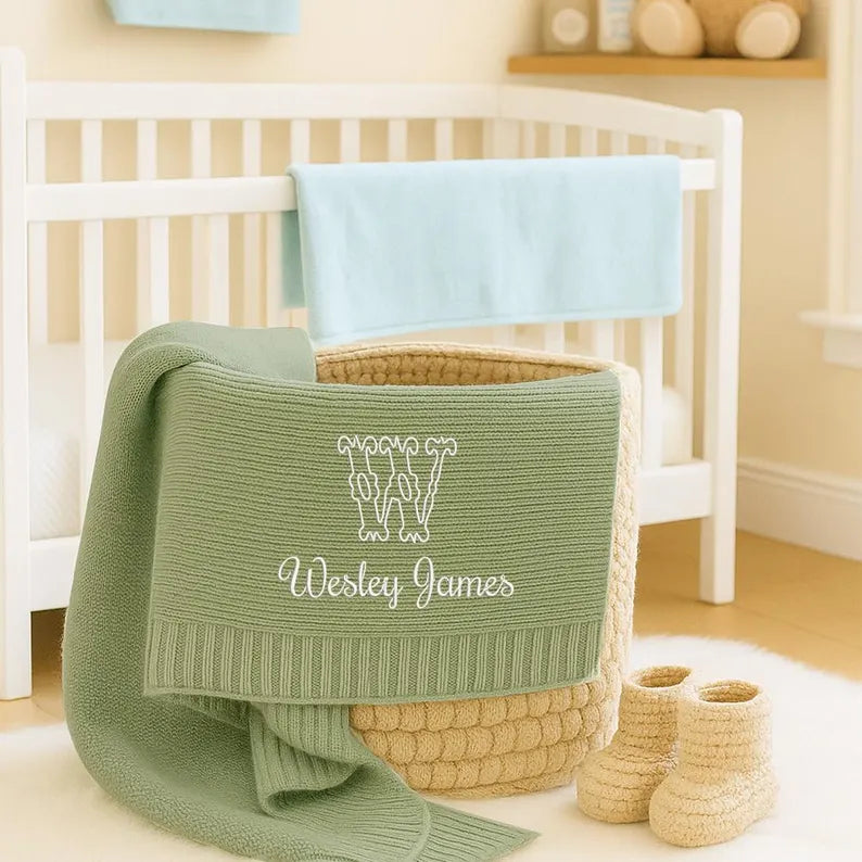Personalized Knitted Baby Blanket with Monogram, Embroidered Name Baby Blanket, Soft Cotton Baby Blanket, Newborn Gifts