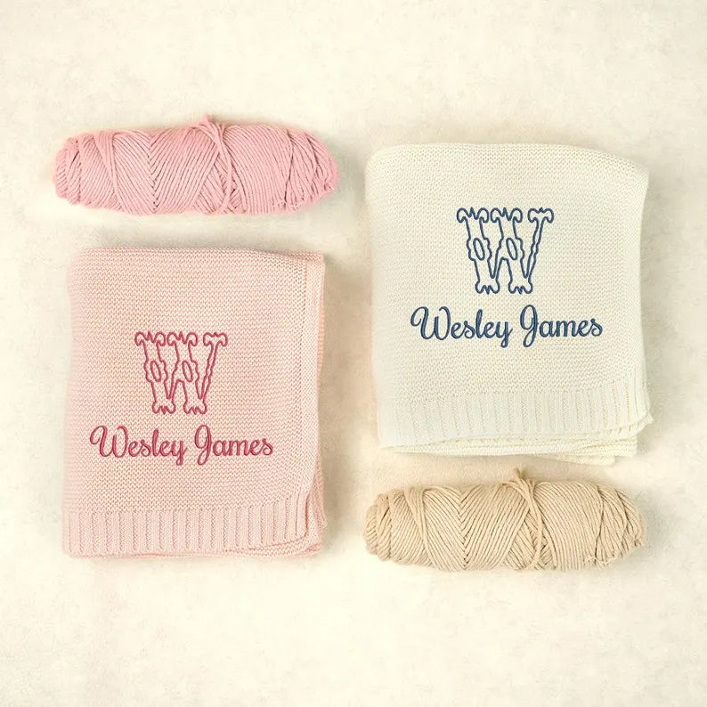 Personalized Knitted Baby Blanket with Monogram, Embroidered Name Baby Blanket, Soft Cotton Baby Blanket, Newborn Gifts