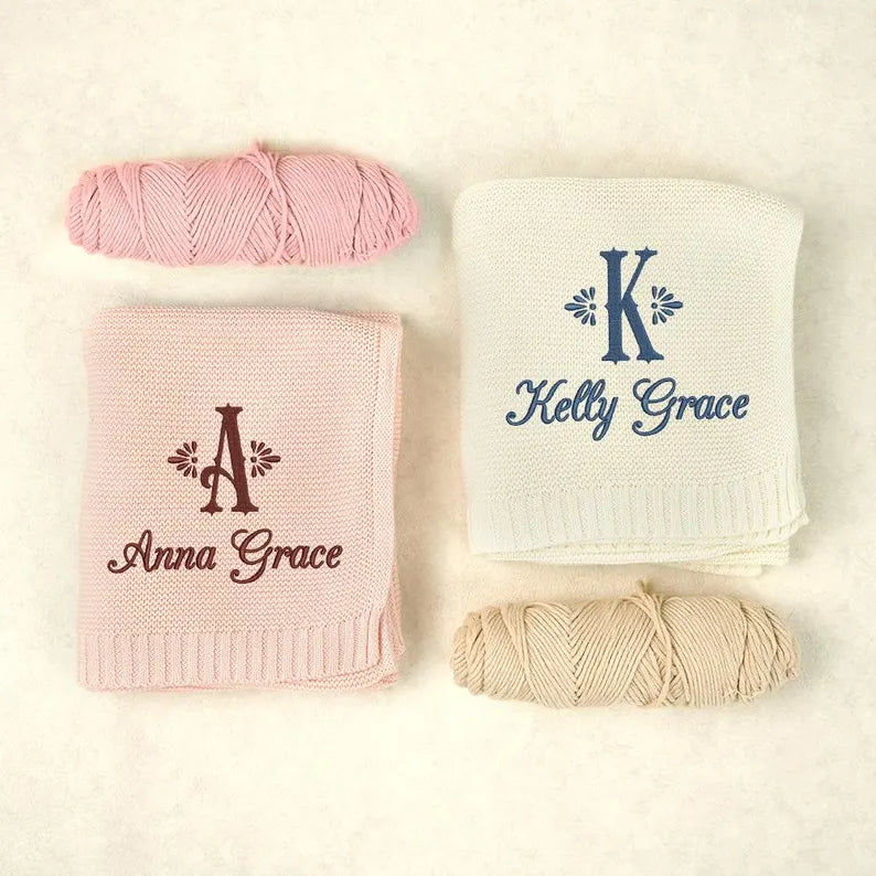 Personalized Knitted Baby Blanket with Monogram, Embroidered Name Baby Blanket, Soft Cotton Baby Blanket, Newborn Gifts