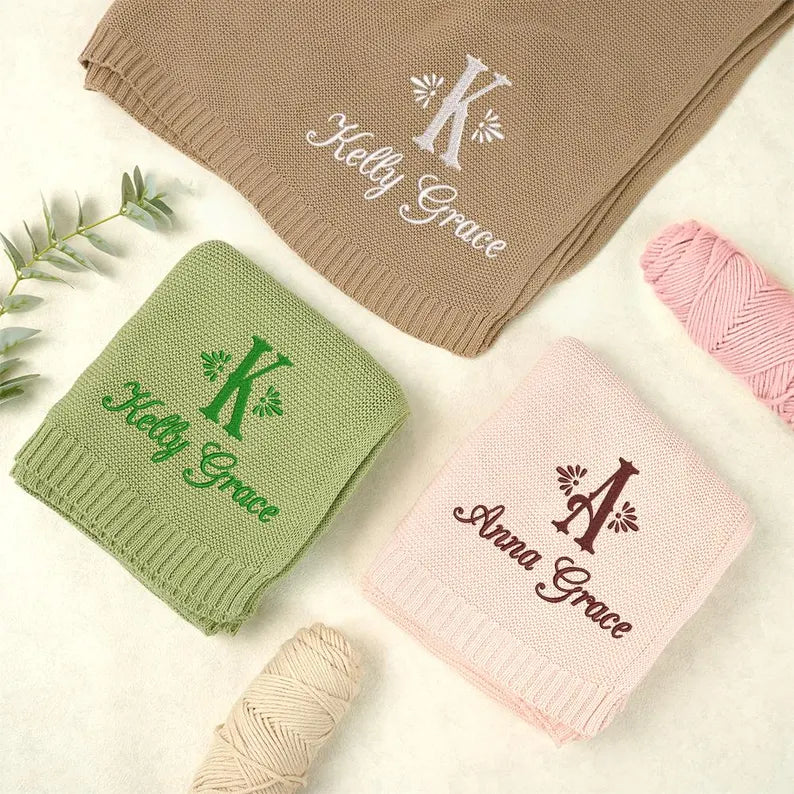 Personalized Knitted Baby Blanket with Monogram, Embroidered Name Baby Blanket, Soft Cotton Baby Blanket, Newborn Gifts