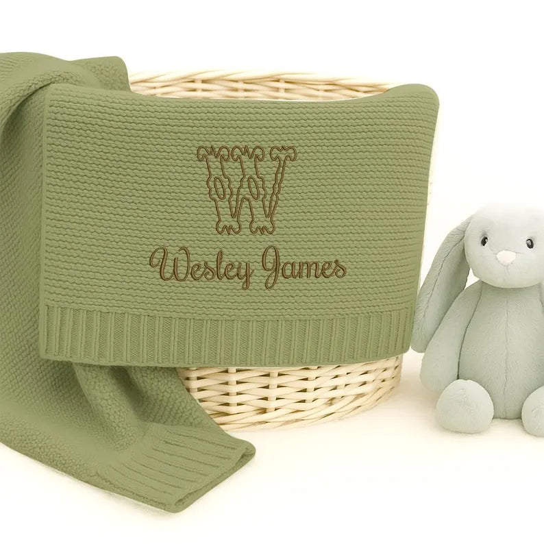 Personalized Knitted Baby Blanket with Monogram, Embroidered Name Baby Blanket, Soft Cotton Baby Blanket, Newborn Gifts