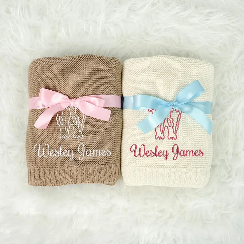 Personalized Knitted Baby Blanket with Monogram, Embroidered Name Baby Blanket, Soft Cotton Baby Blanket, Newborn Gifts