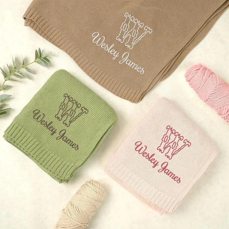 Personalized Knitted Baby Blanket with Monogram, Embroidered Name Baby Blanket, Soft Cotton Baby Blanket, Newborn Gifts
