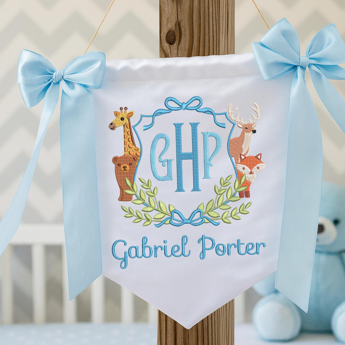 Personalized Baby Banner, Embroidered Woodland Animals, Nursery Decor