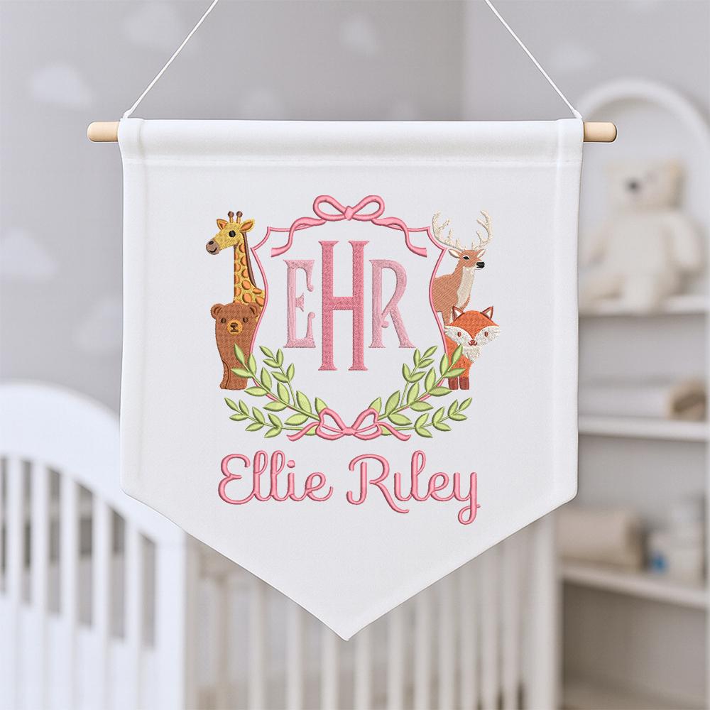 Personalized Baby Banner, Embroidered Woodland Animals, Nursery Decor