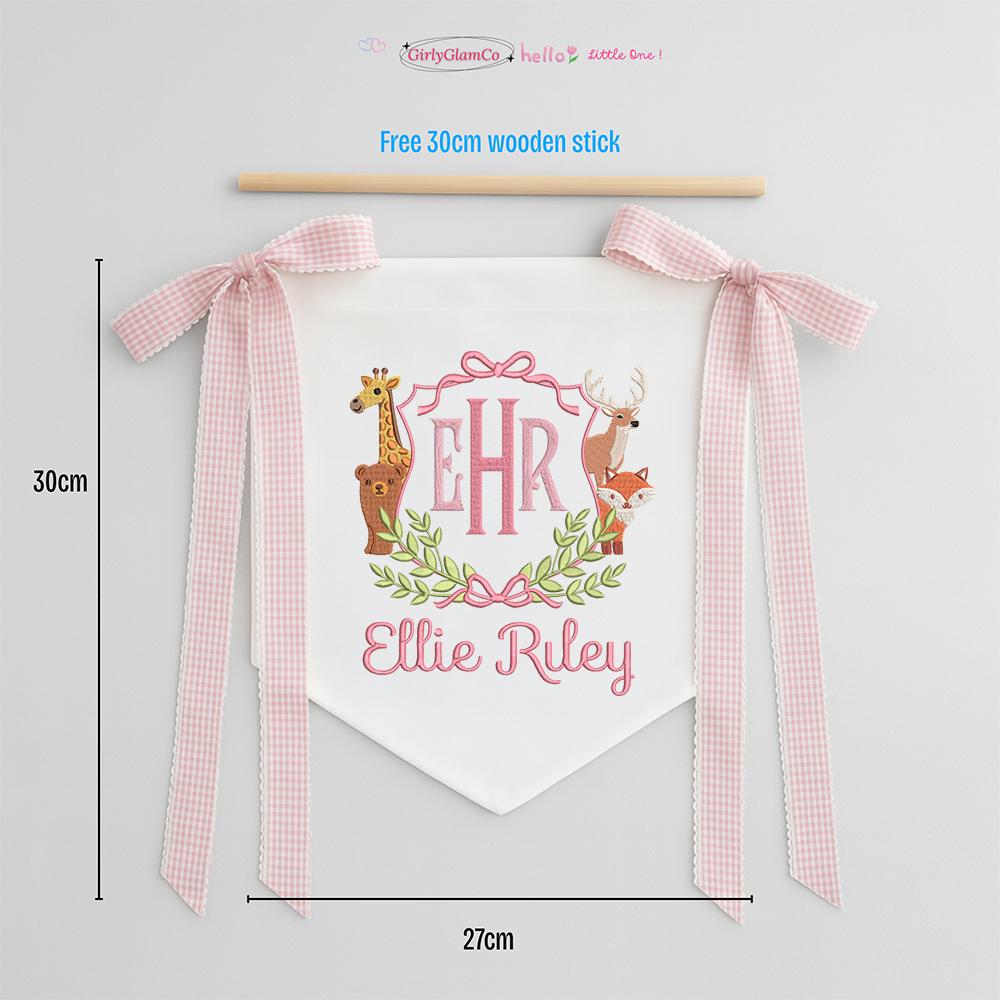 Personalized Baby Banner, Embroidered Woodland Animals, Nursery Decor