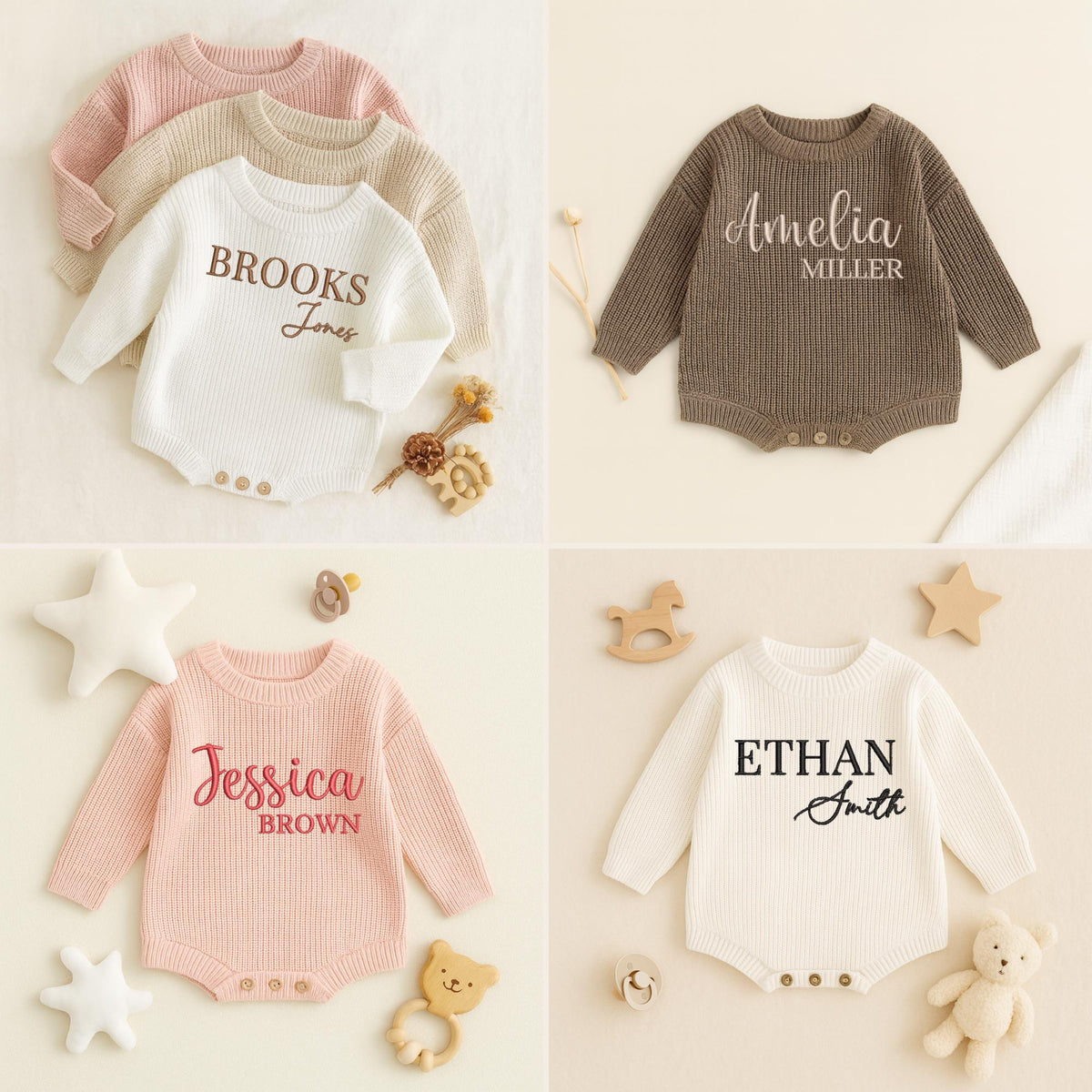 Custom Name Embroidered Knit Baby Romper, 0-6 Months