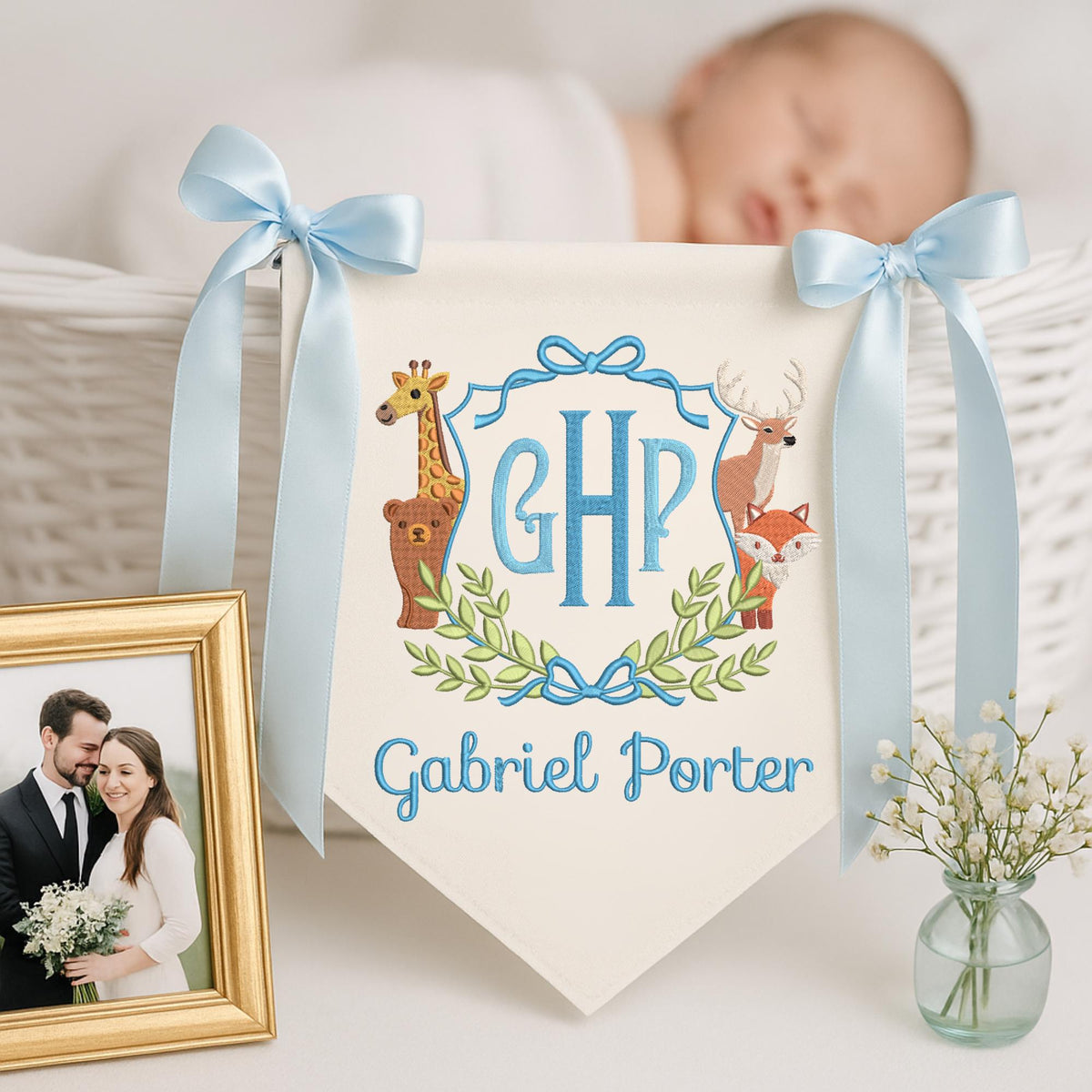 Personalized Baby Banner, Embroidered Woodland Animals, Nursery Decor