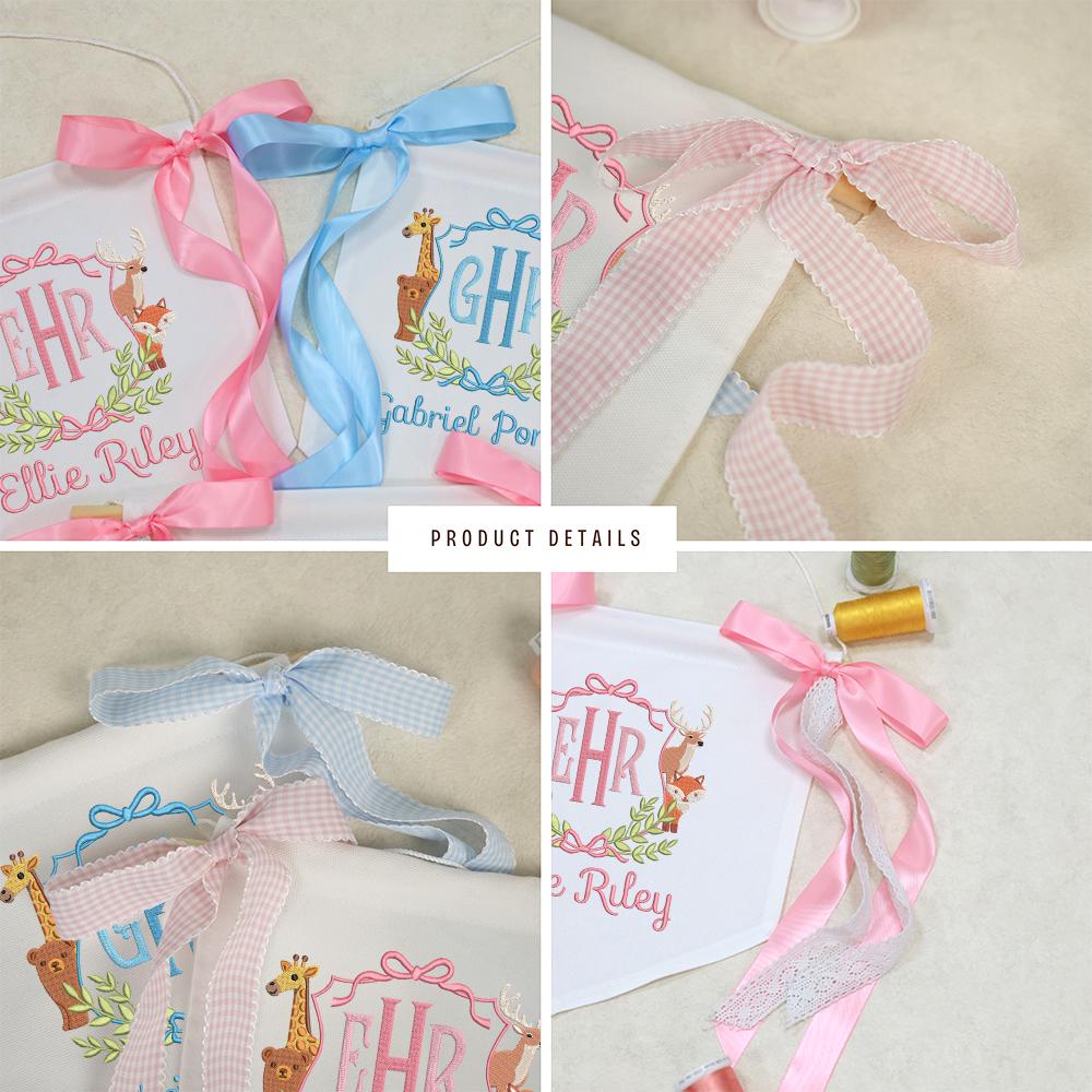 Personalized Baby Banner, Embroidered Woodland Animals, Nursery Decor