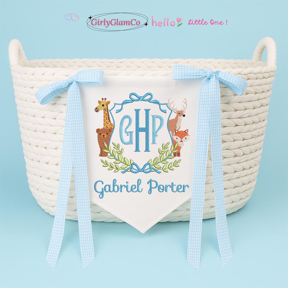 Personalized Baby Banner, Embroidered Woodland Animals, Nursery Decor