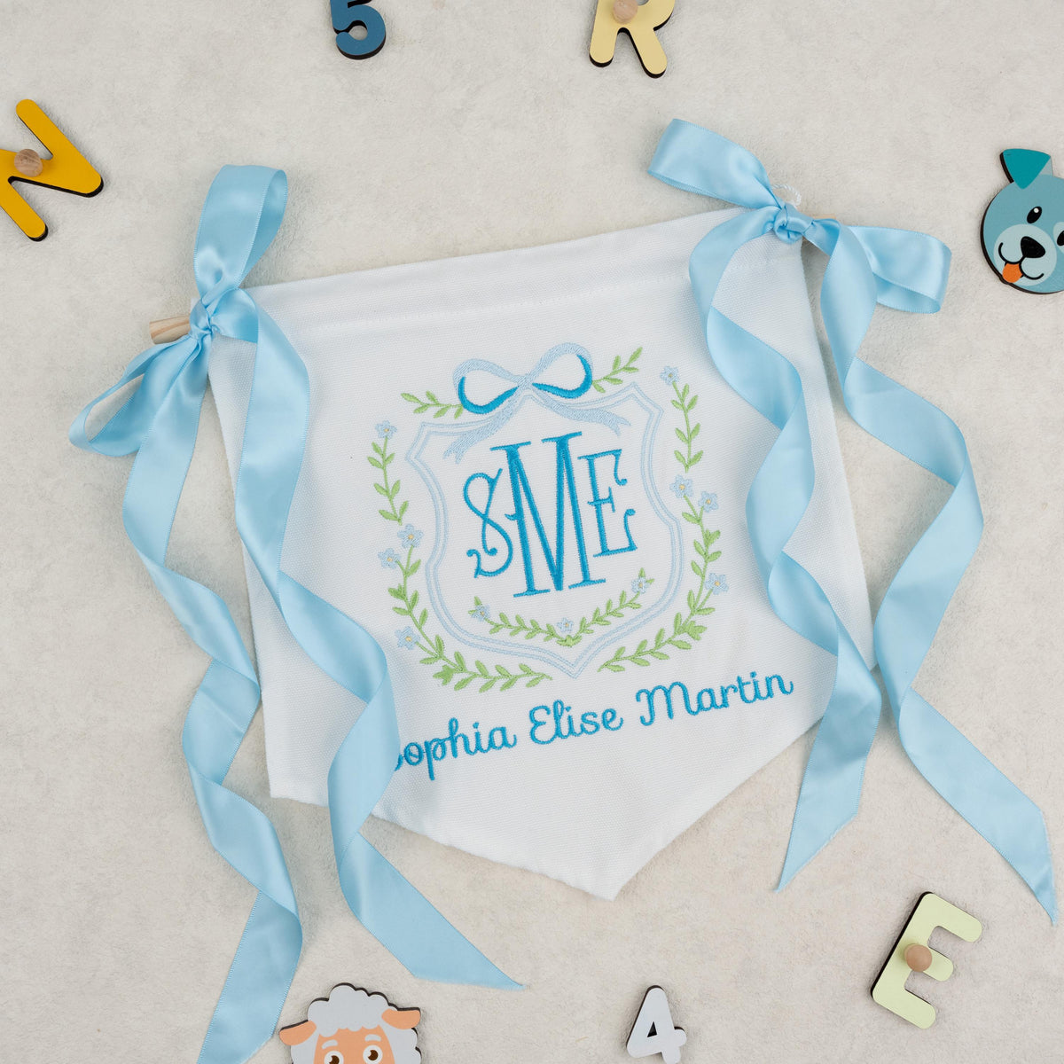 Personalized Baby Welcome Banner, Custom Birth Name Tag, Embroidered Name, Floral Wreath, Satin Bows, Hospital Door Sign