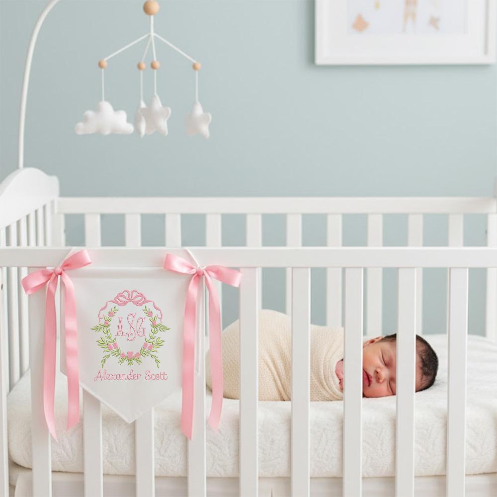 Custom Baby Banner, Welcome Banner with Floral Crest, Bows Baby Banner, Hospital Door Sign, Baby Shower Gifts, Newborn Gifts, Baby Girl