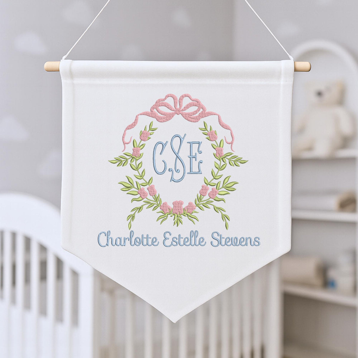 Personalized Baby Banner, Floral Wreath, Embroidered Monogram