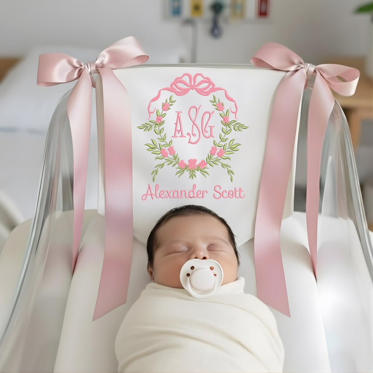 Personalized Baby Banner, Floral Wreath, Embroidered Monogram