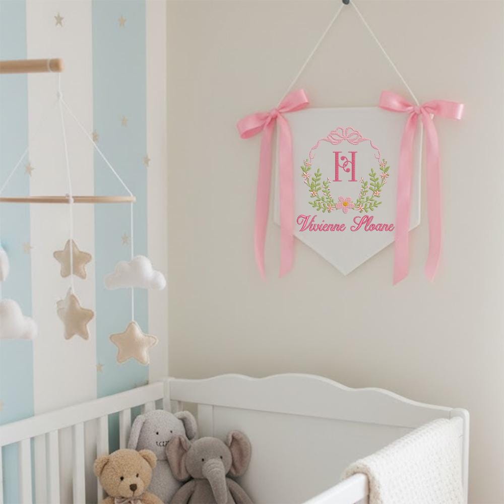 Personalized Baby Banner, Embroidered Floral Wreath, Nursery Decor