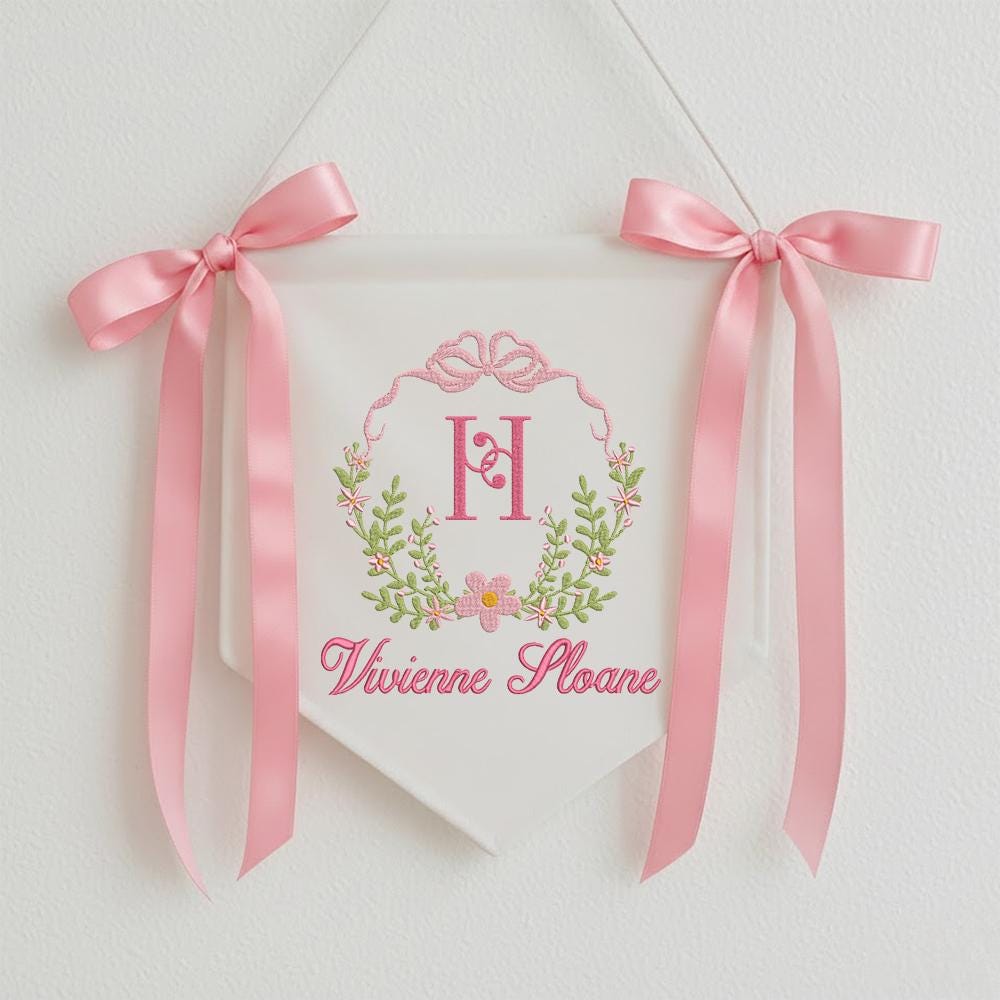 Personalized Baby Banner, Embroidered Floral Wreath, Nursery Decor