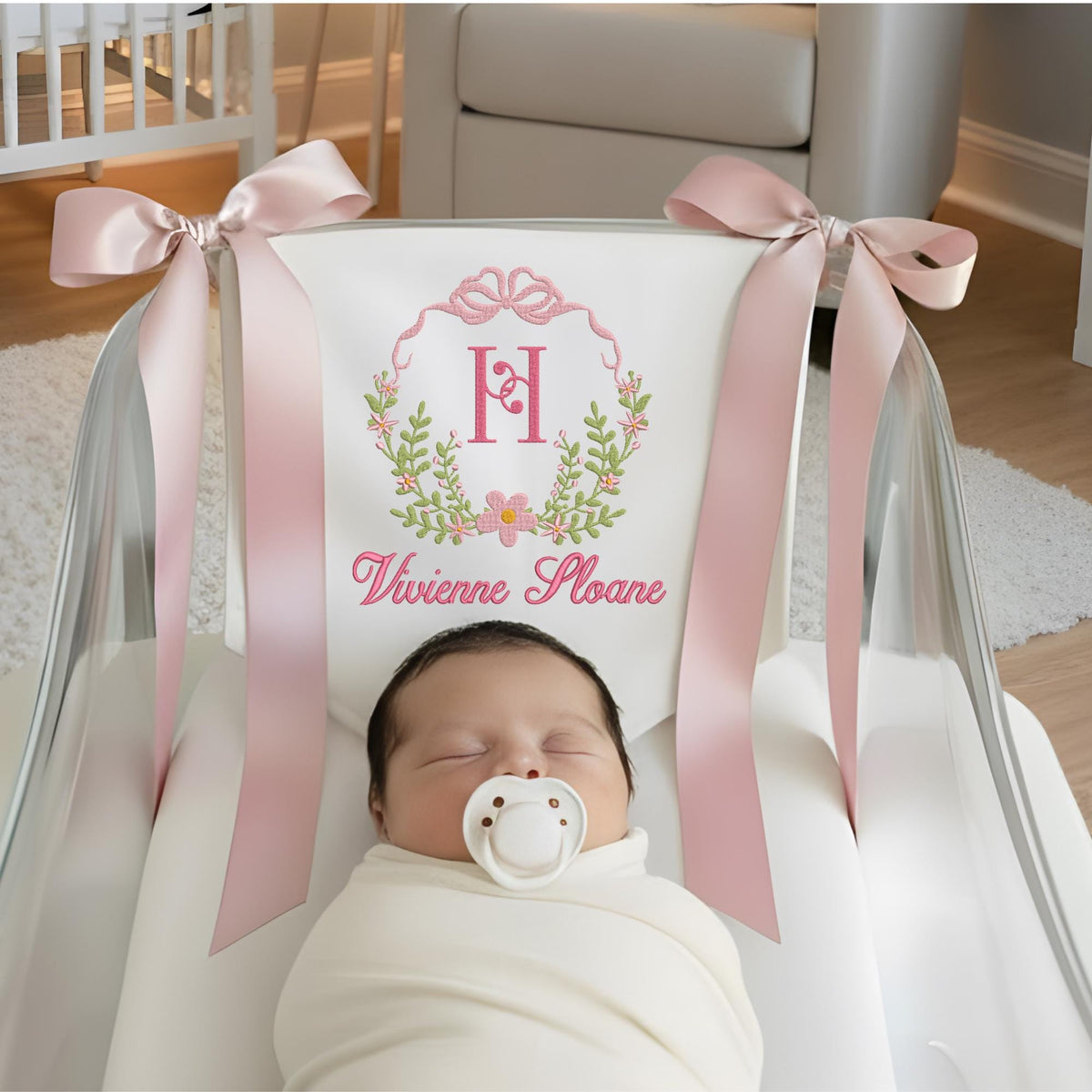 Personalized Baby Banner, Embroidered Floral Wreath, Nursery Decor