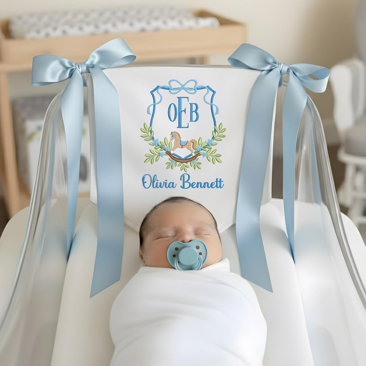 Custom Embroidered Baby Banner with Wooden Horse,Safe for Baby, Birth Announcement, Hospital Door Sign with bows,Baby Gift,Baby Shower Gifts