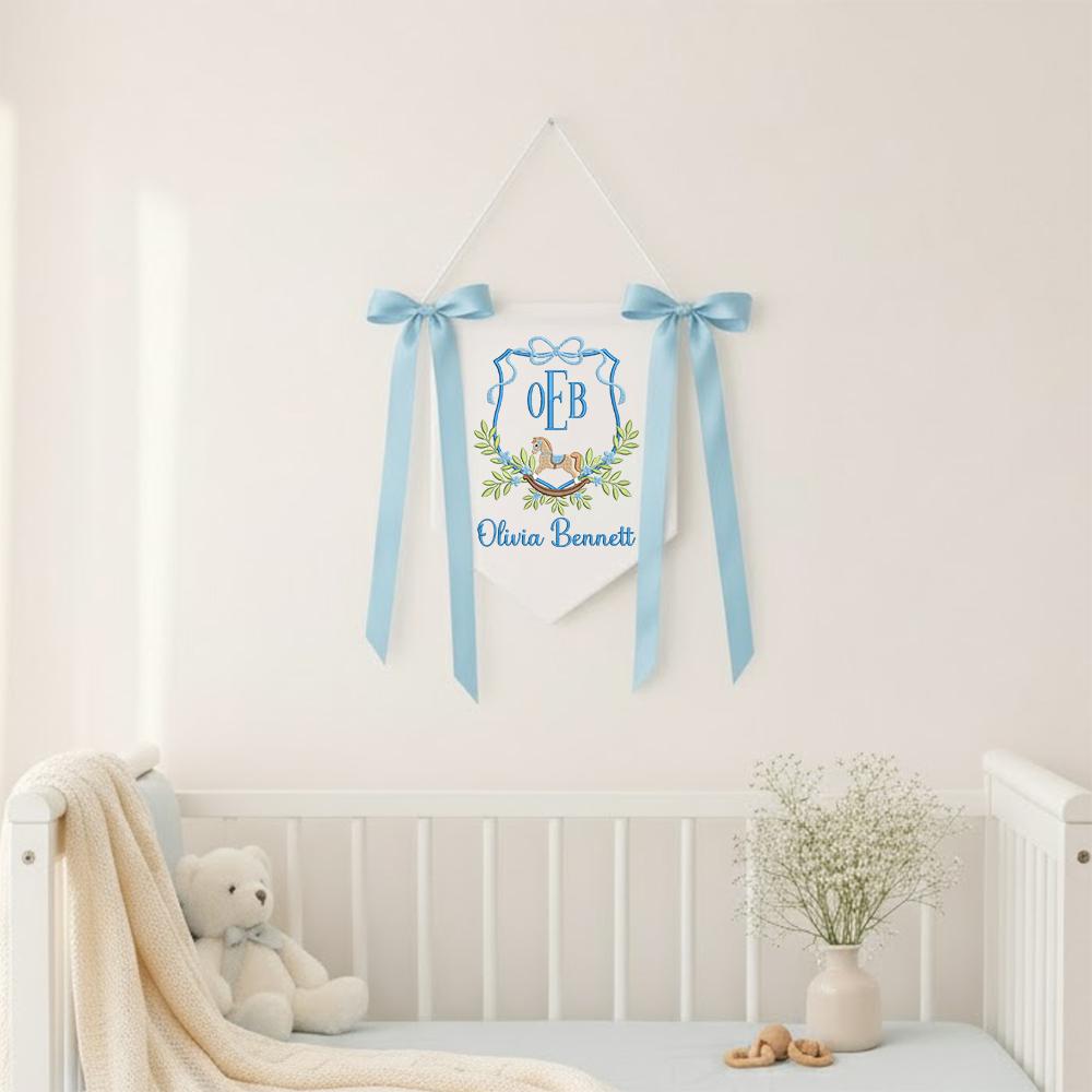 Custom Embroidered Baby Banner with Wooden Horse,Safe for Baby, Birth Announcement, Hospital Door Sign with bows,Baby Gift,Baby Shower Gifts