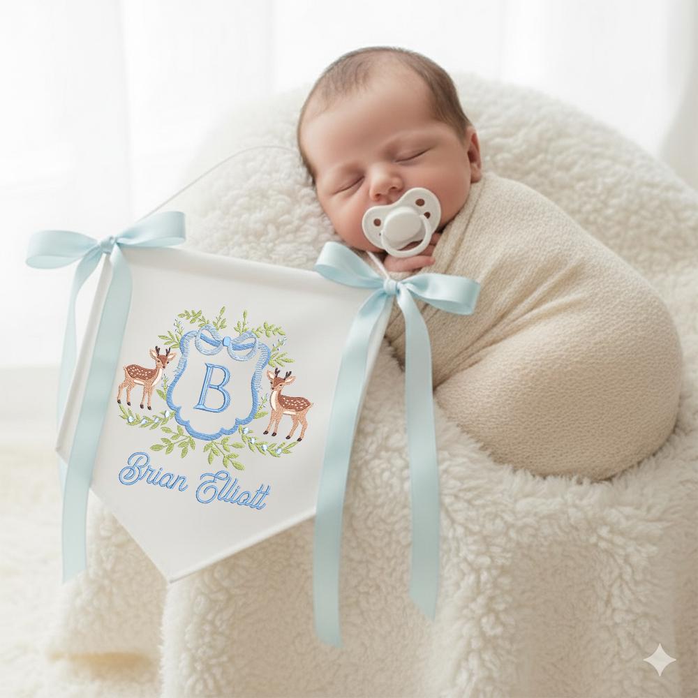 Custom Embroidered Baby Banner, Deer Floral Wreath, Nursery Decor