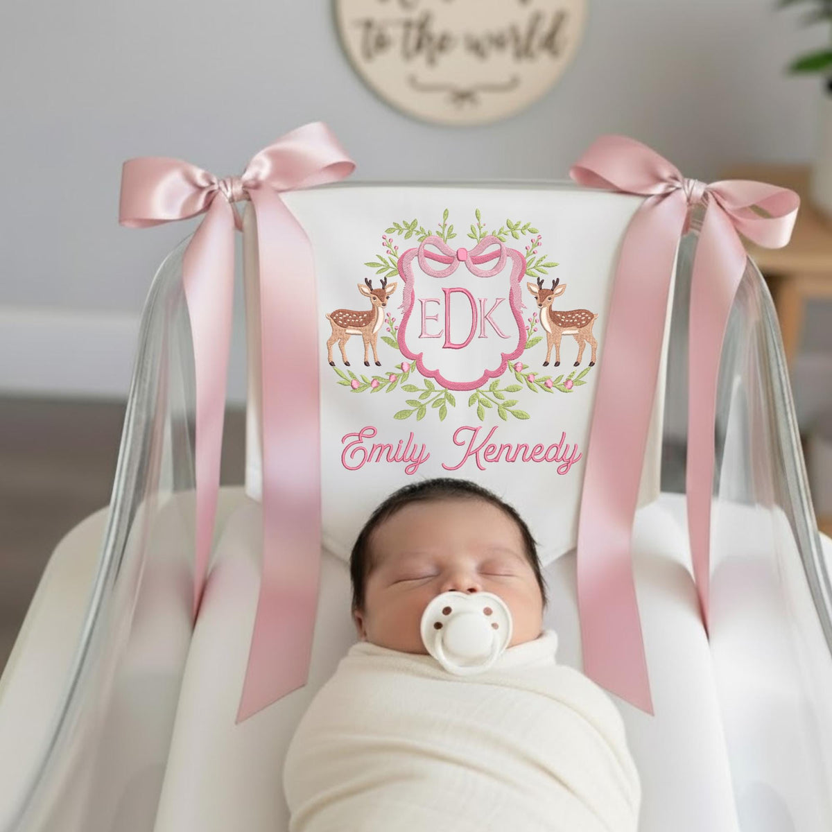 Custom Embroidered Baby Banner, Deer Floral Wreath, Nursery Decor