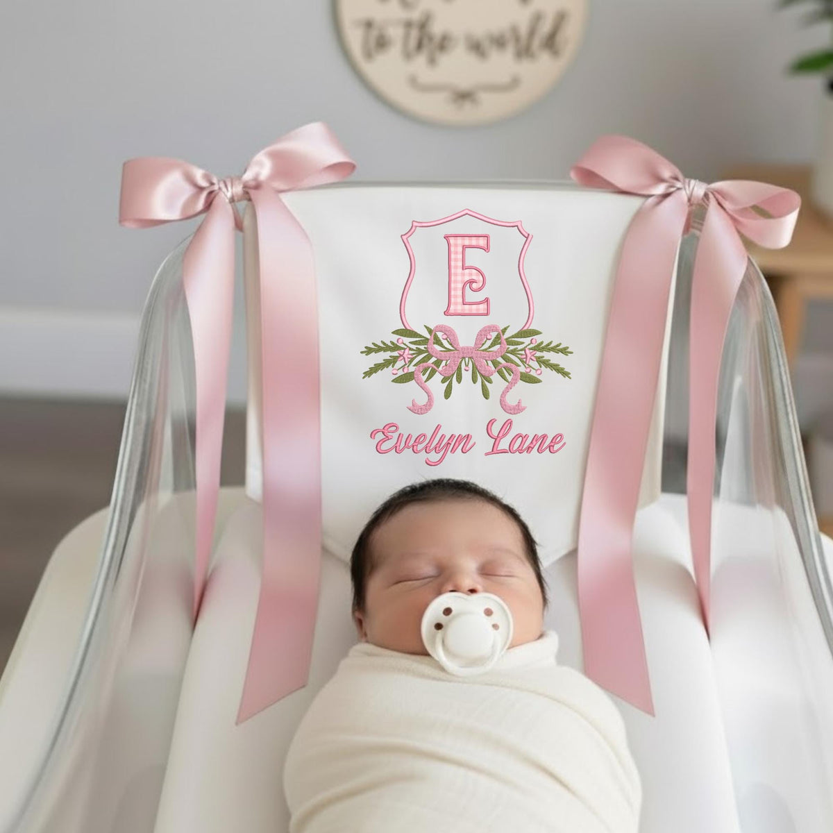Personalized Baby Banner, Floral Crest, Embroidered Name, Nursery Decor