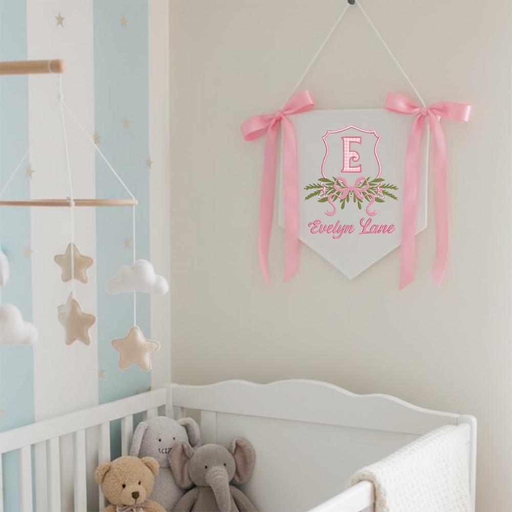Personalized Baby Banner, Floral Crest, Embroidered Name, Nursery Decor