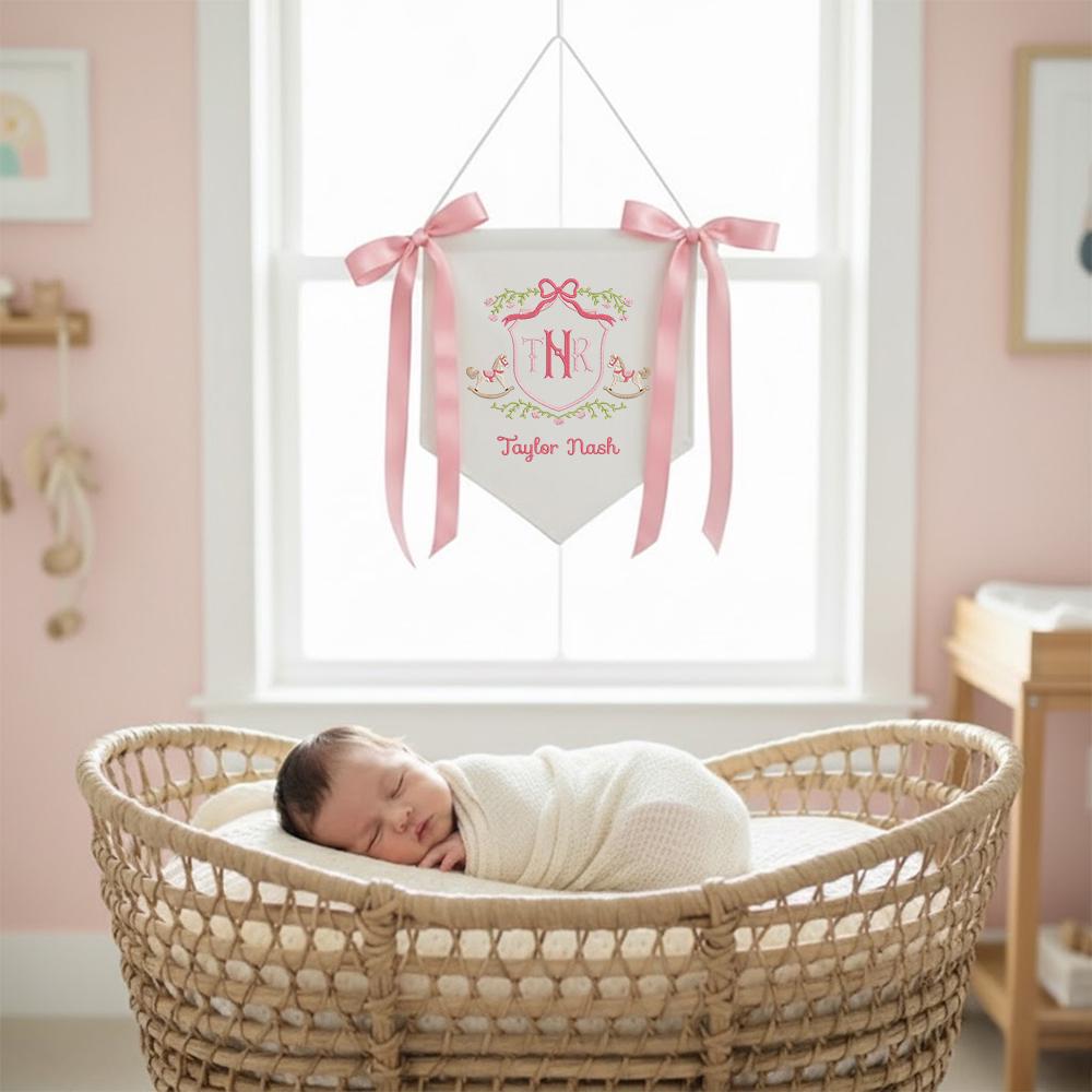 Personalized Baby Banner with Rocking Horse, Newborn Announcement Sign, Baby Boy Announcement Sign, Baby Door Hanger, Newborn Gift