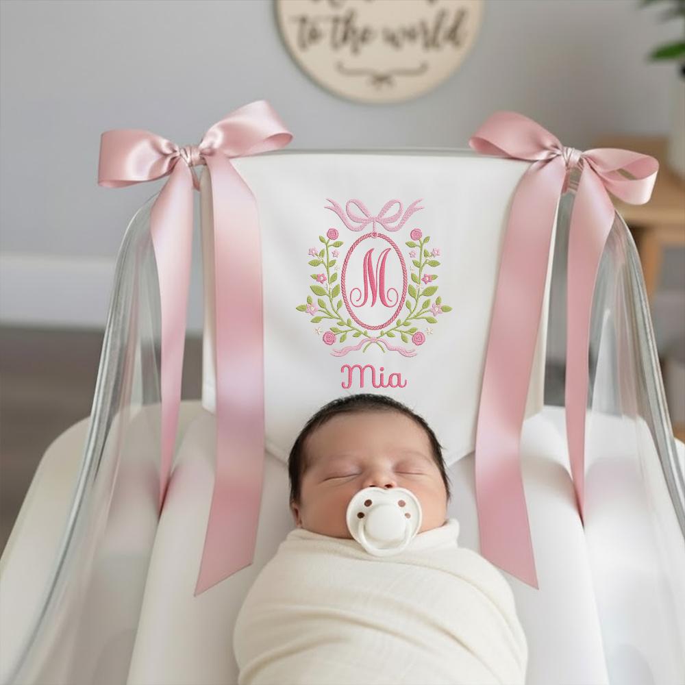 Custom Baby Banner, Welcome Banner with Floral Crest, Bows Baby Banner, Hospital Door Sign, Baby Shower Gifts, Newborn Gifts, Baby Girl