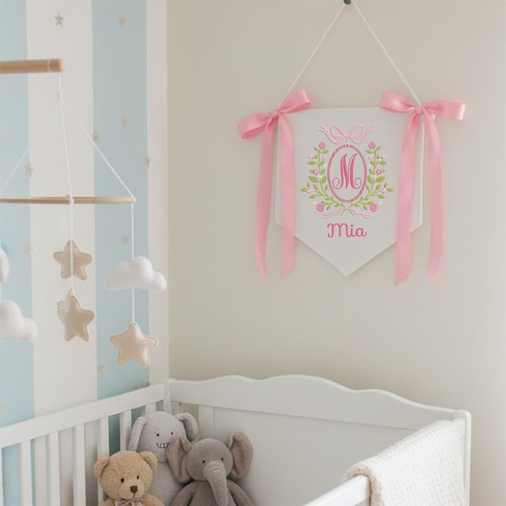 Custom Baby Banner, Welcome Banner with Floral Crest, Bows Baby Banner, Hospital Door Sign, Baby Shower Gifts, Newborn Gifts, Baby Girl