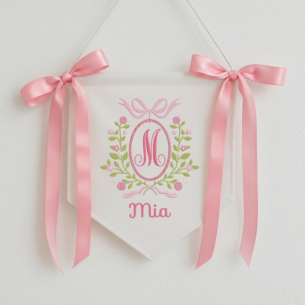 Custom Baby Banner, Welcome Banner with Floral Crest, Bows Baby Banner, Hospital Door Sign, Baby Shower Gifts, Newborn Gifts, Baby Girl