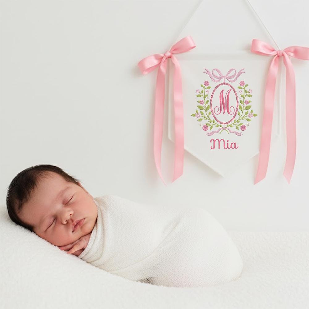 Custom Baby Banner, Welcome Banner with Floral Crest, Bows Baby Banner, Hospital Door Sign, Baby Shower Gifts, Newborn Gifts, Baby Girl