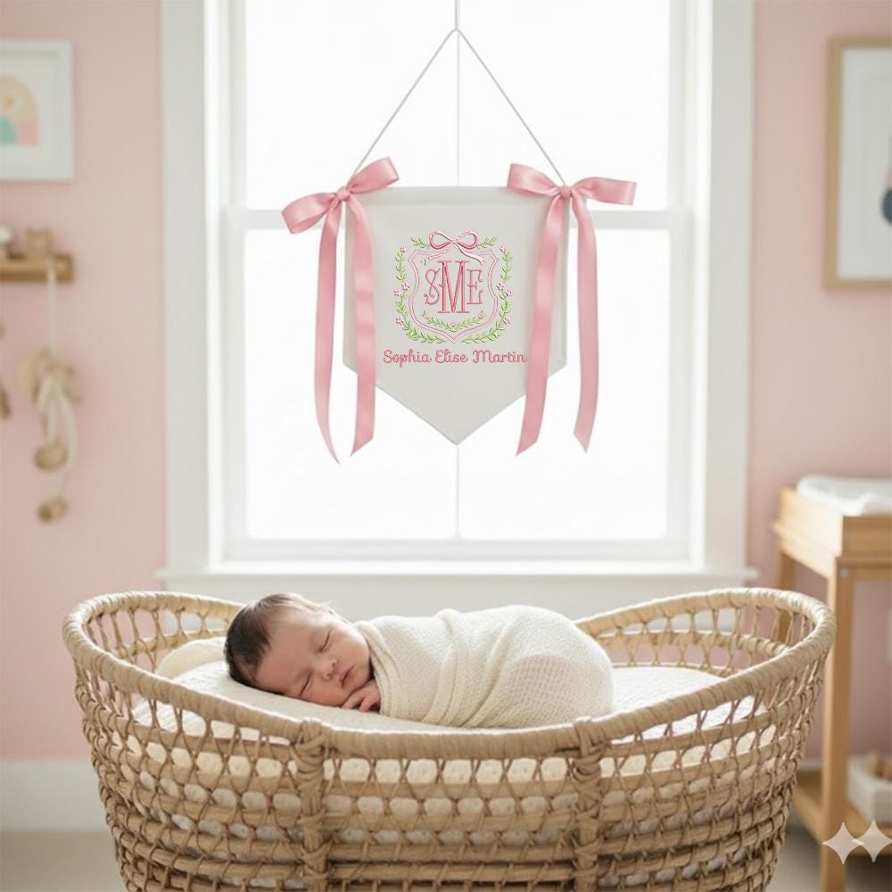 Personalized Baby Boy Banner, Embroidered Floral Crest, Satin Bows