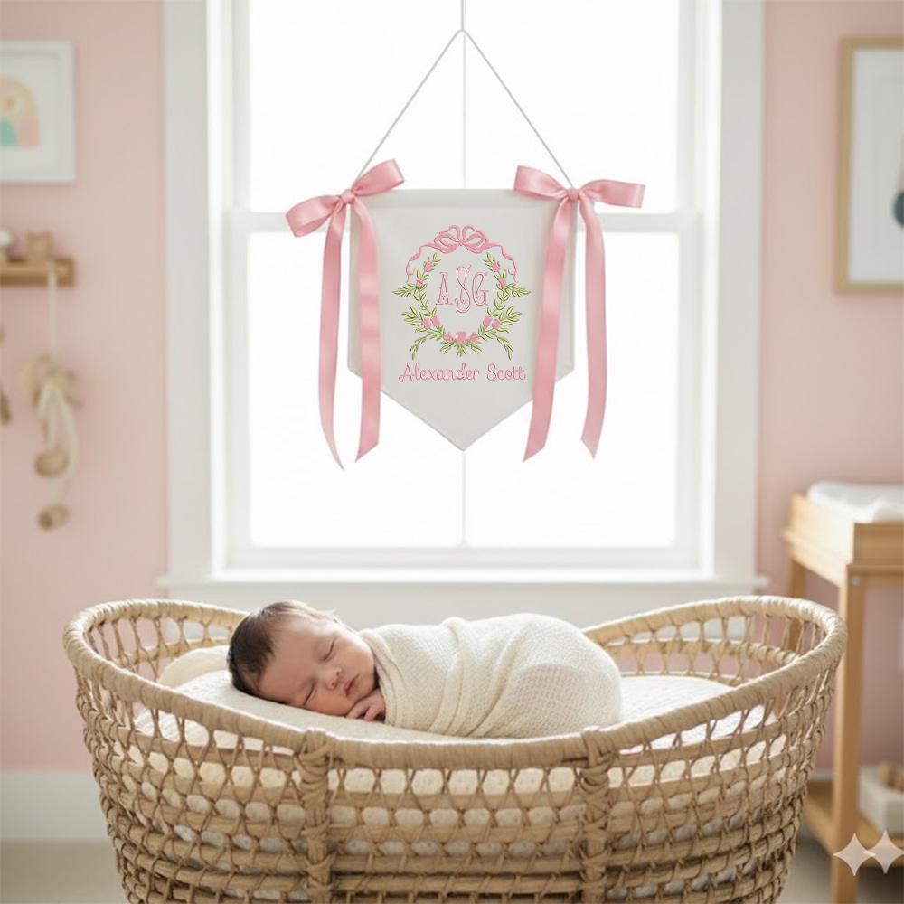 Custom Baby Banner, Welcome Banner with Floral Crest, Bows Baby Banner, Hospital Door Sign, Baby Shower Gifts, Newborn Gifts, Baby Girl