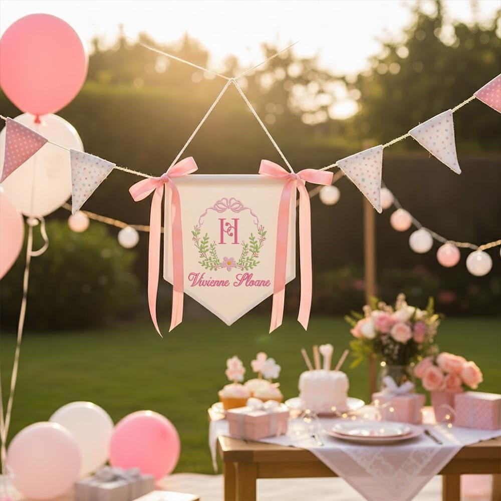 Personalized Baby Banner, Embroidered Floral Wreath, Nursery Decor