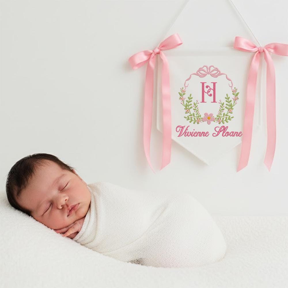 Personalized Baby Banner, Embroidered Floral Wreath, Nursery Decor