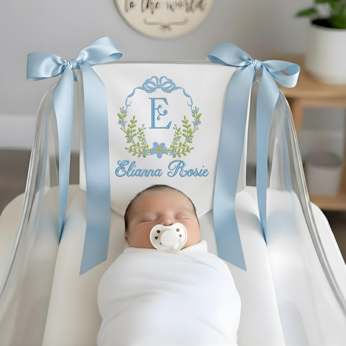 Personalized Baby Banner, Embroidered Floral Wreath, Nursery Decor