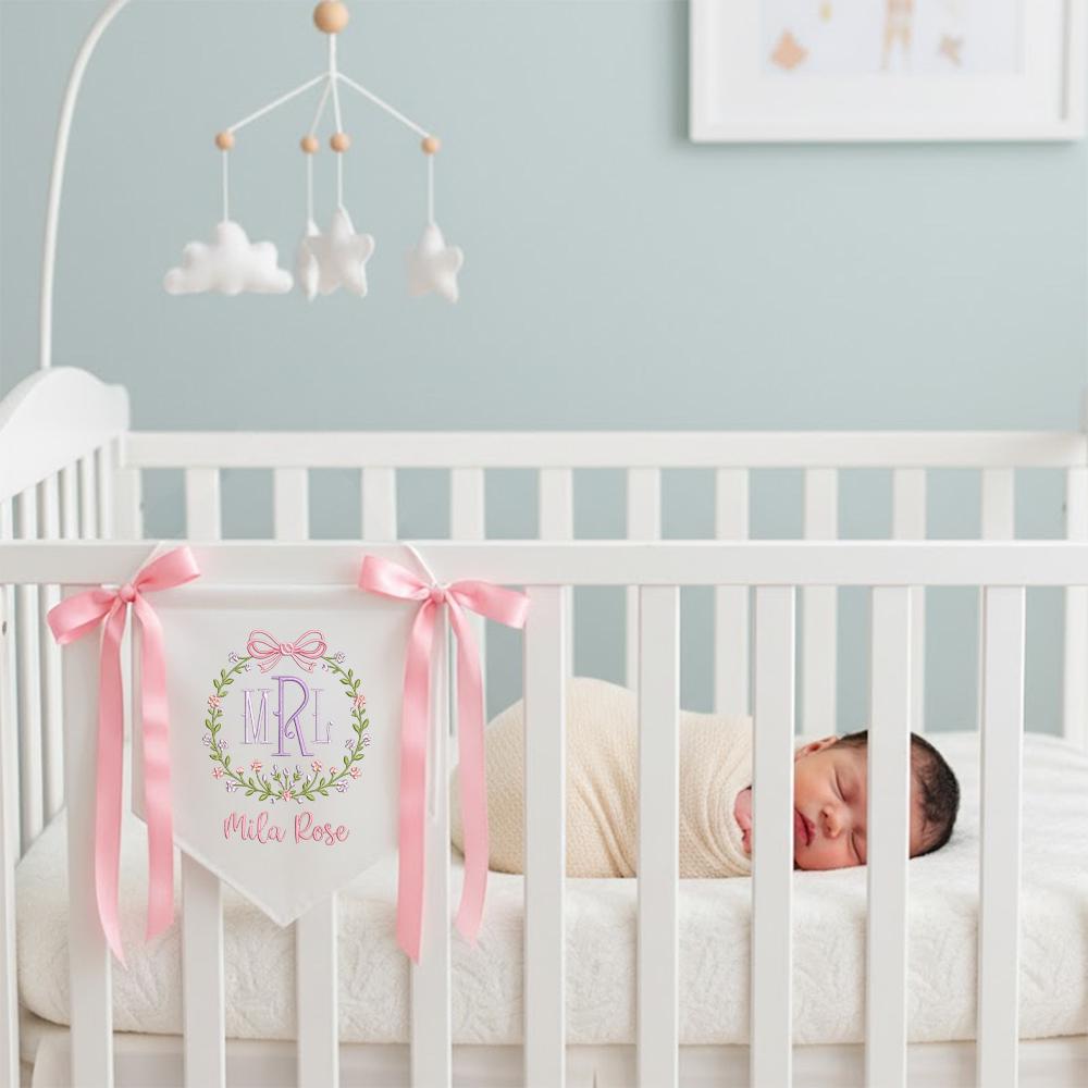 Custom Baby Banner, Welcome Banner with Floral Crest, Bows Baby Banner, Hospital Door Sign, Baby Shower Gifts, Newborn Gifts, Baby Girl