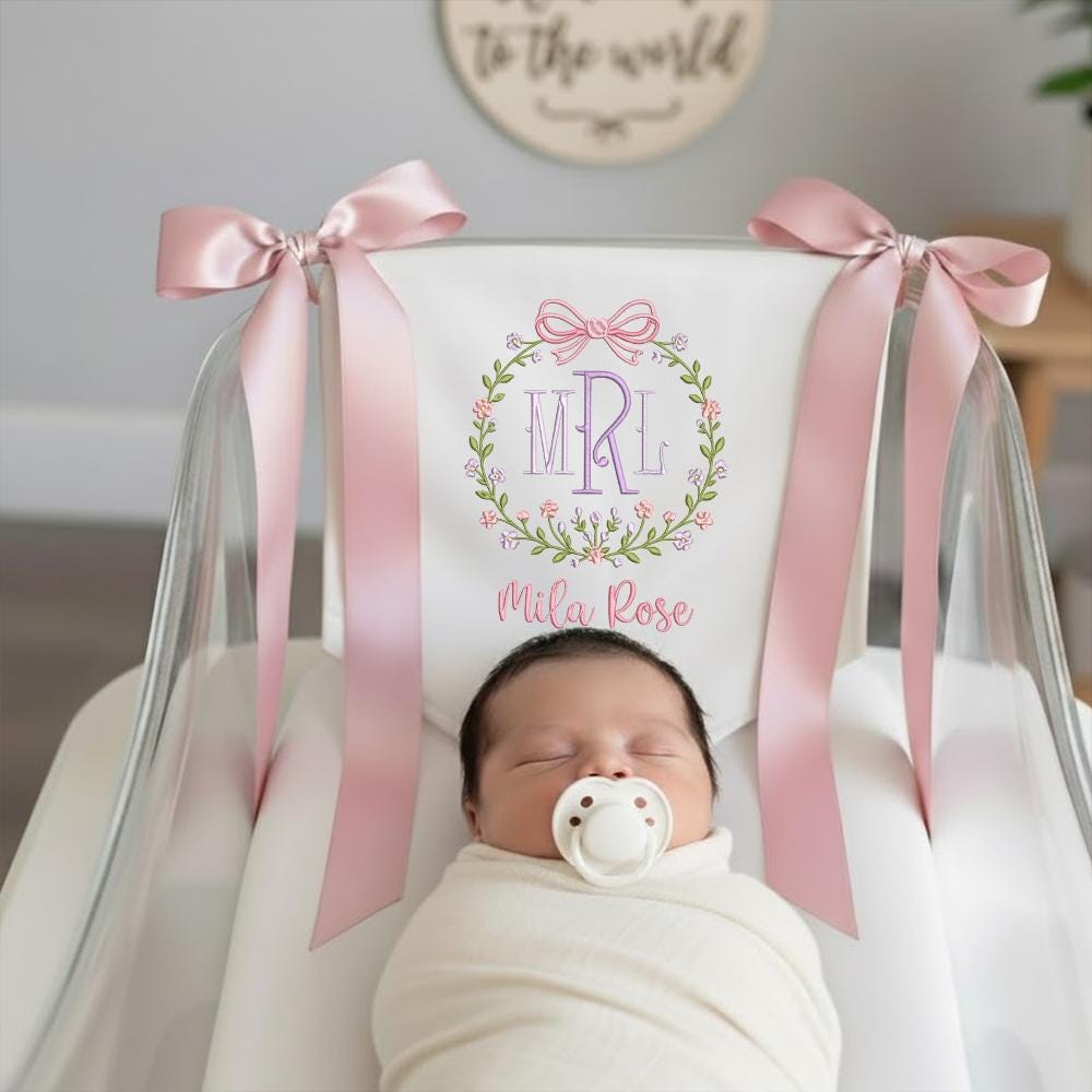 Custom Baby Banner, Welcome Banner with Floral Crest, Bows Baby Banner, Hospital Door Sign, Baby Shower Gifts, Newborn Gifts, Baby Girl